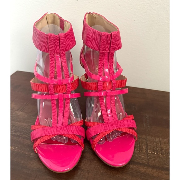 NINE WEST Hot Pink Vegan Leather Strappy High Heel Sandals Stiletto Sz 10 Womens - Picture 2 of 9